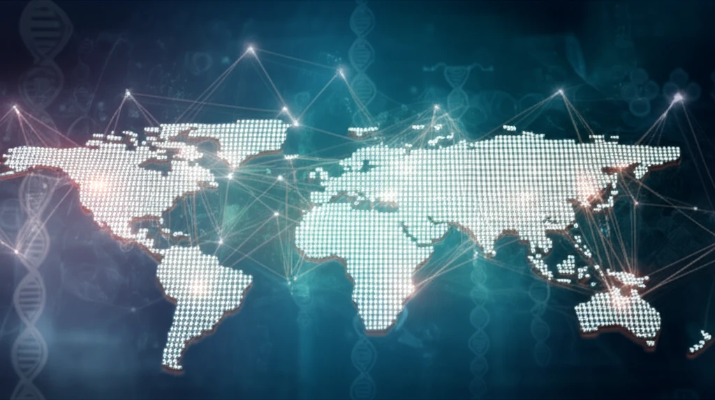 Interconnected nodes representing medical data flowing freely across a global landscape.