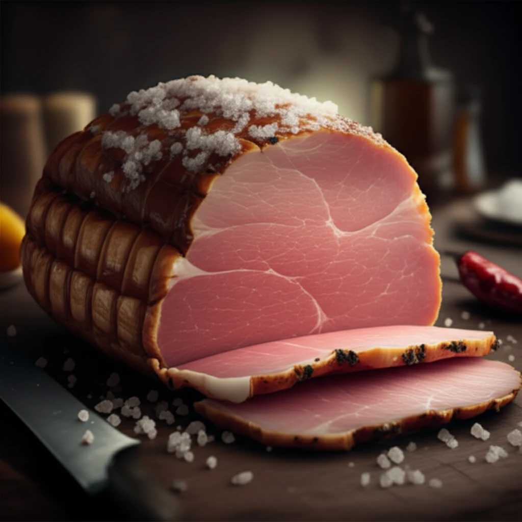 Perfectly cured pork loin with a halo of salt crystals.