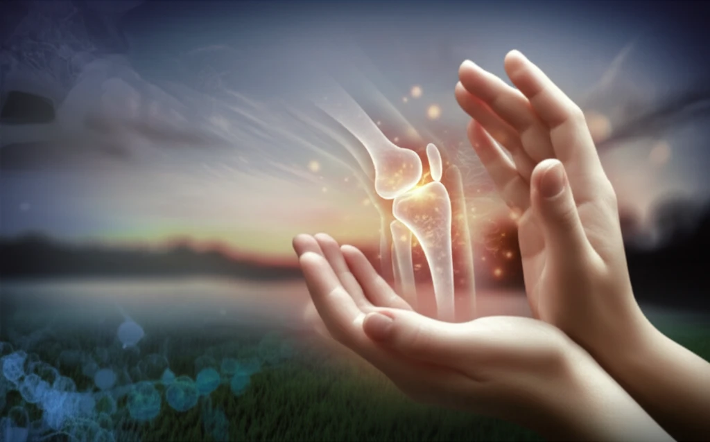 Hands holding glowing joints, symbolizing RA remission