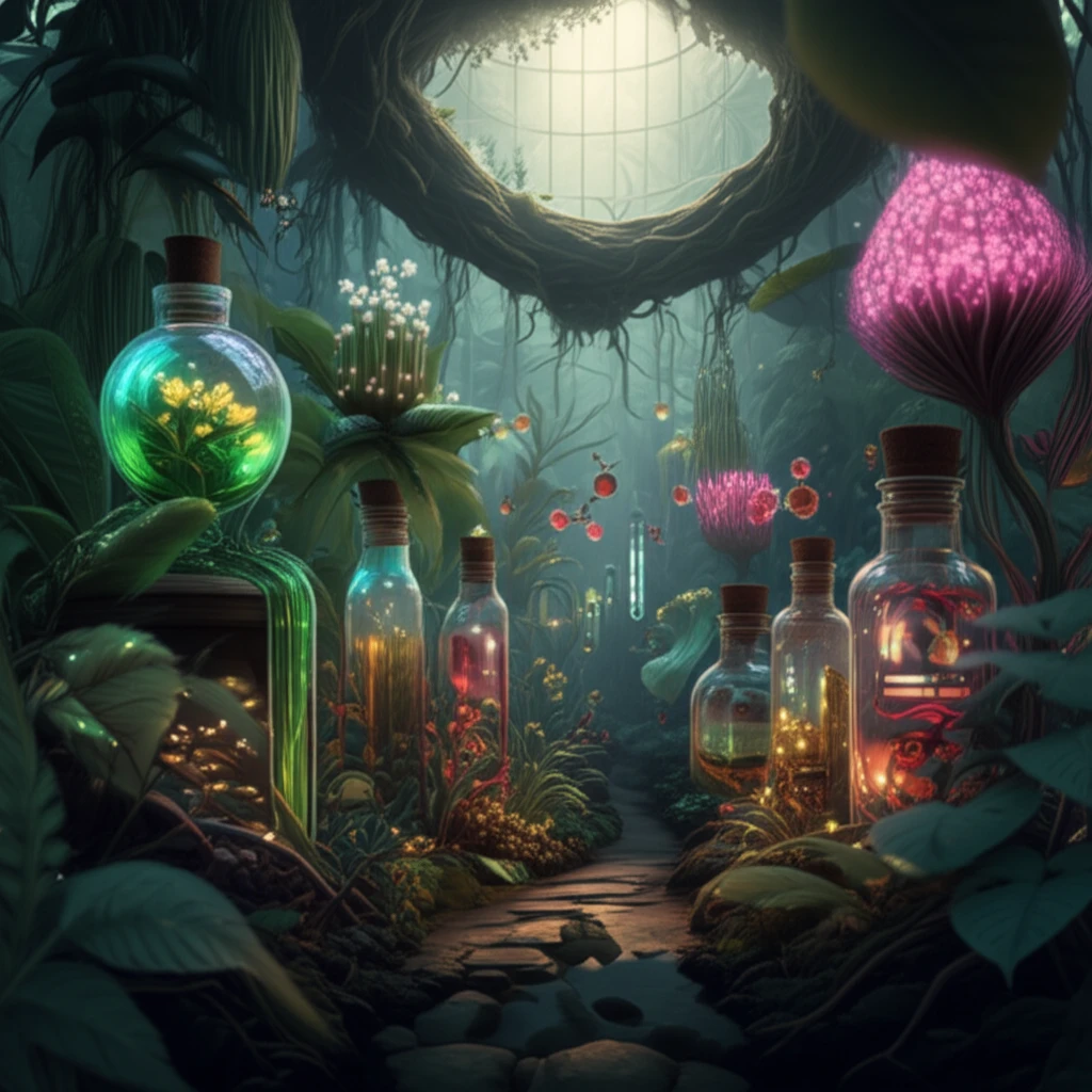 Botanical garden with glowing plant extracts, symbolizing nature's diabetes pharmacy.