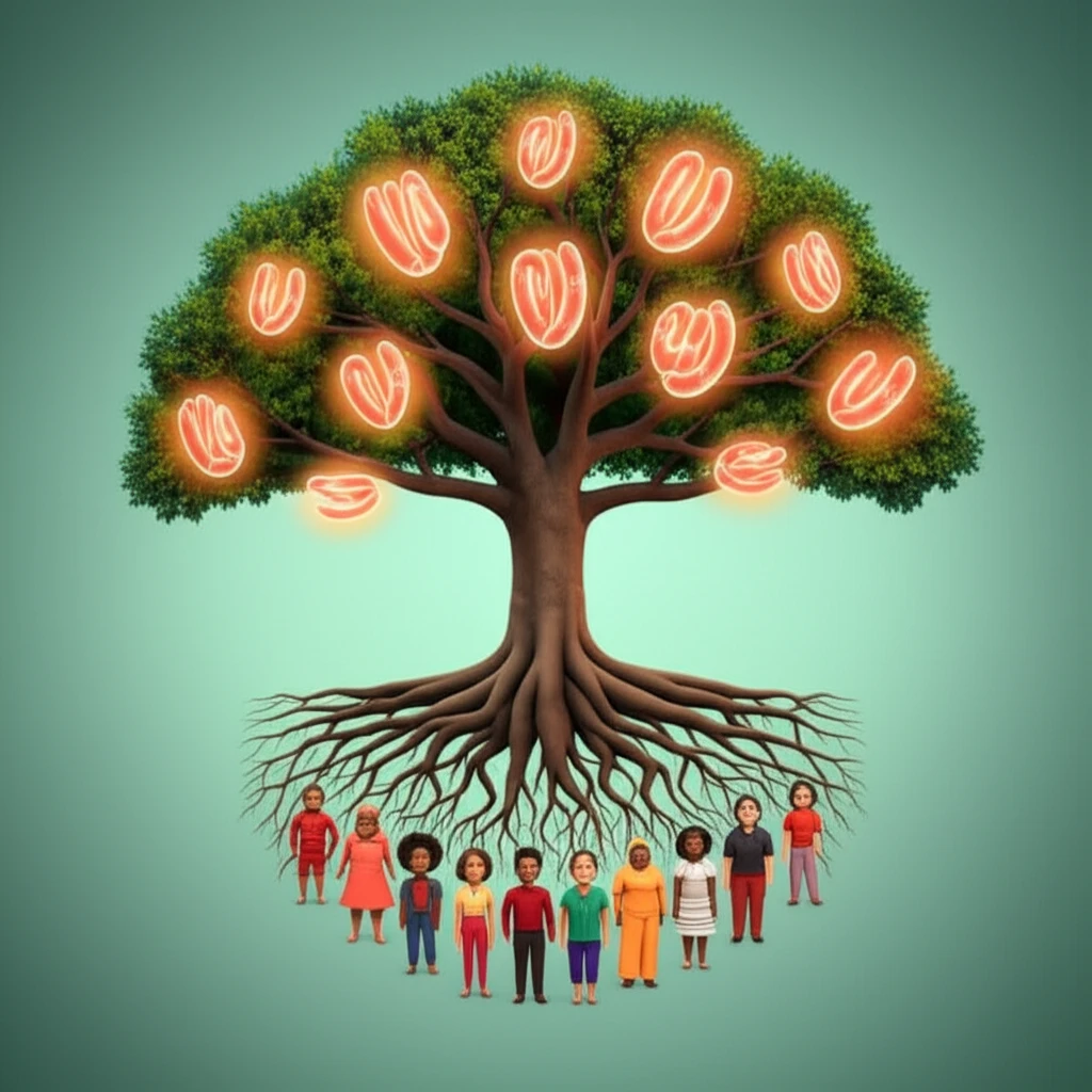 Symbolic representation of colorectal cancer treatment and prevention across diverse communities.
