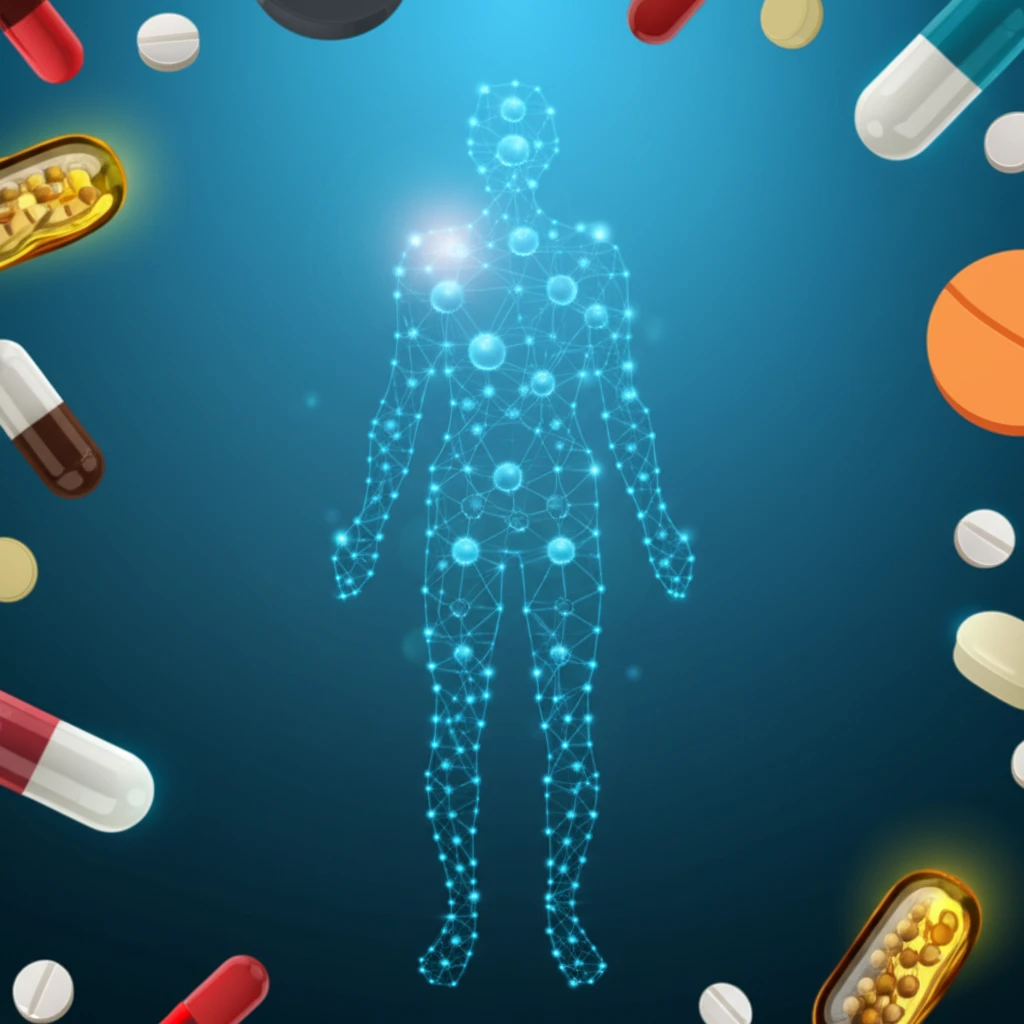 Interconnected molecules forming a human silhouette, representing pharmacology and health.