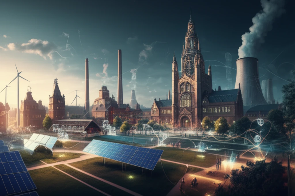 Smart campus powered by renewable energy sources with data streams connecting energy sources to buildings.