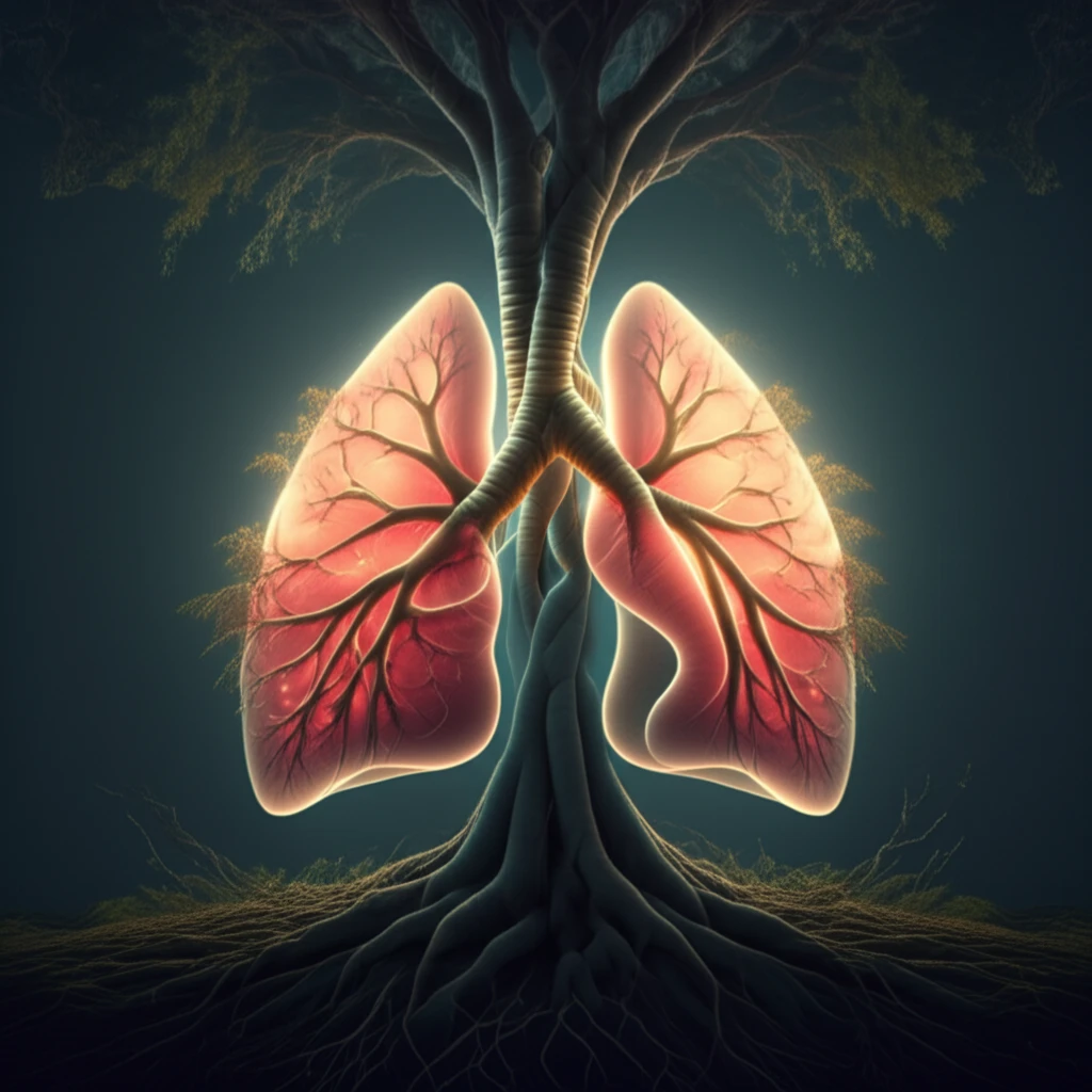 Lungs intertwined with tree roots, symbolizing the connection between breathing and the environment.