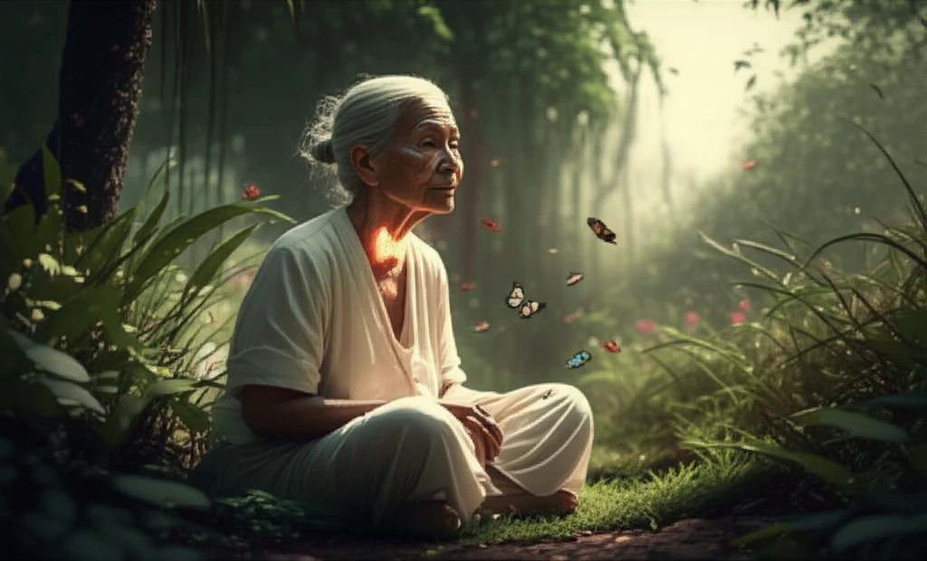 A serene garden scene symbolizing healing and hope for elderly thyroid cancer patients.