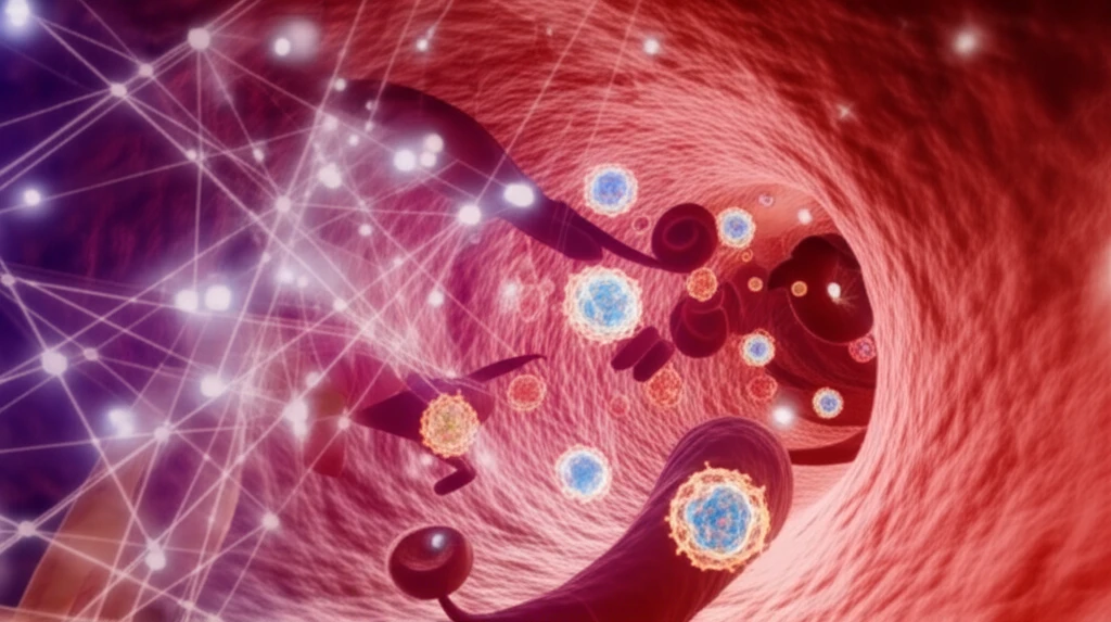 Microscopic view of liquid biopsy components with neural network overlay.