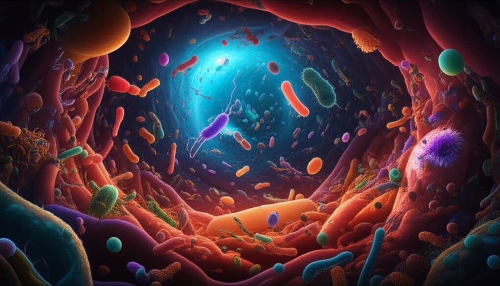Microscopic view of a cow's rumen teeming with diverse bacteria.