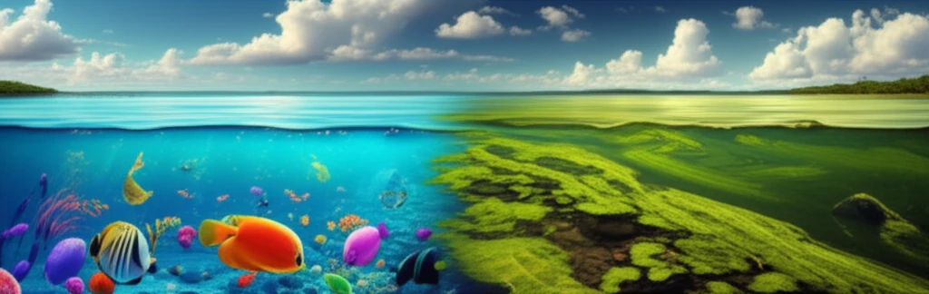 Healthy lake transitioning into algae-covered lake due to phosphates.