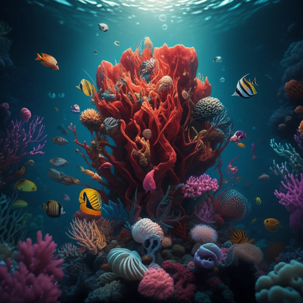 A thriving coral reef ecosystem with a large red sea sponge as the central habitat.