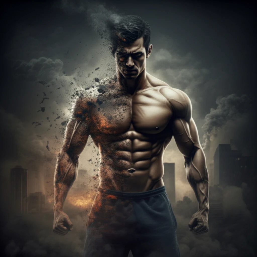 A muscular figure fading into smog, symbolizing acrolein's impact on muscle health.
