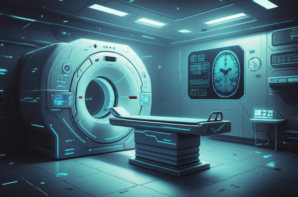 Futuristic PET scanner with brain scan overlay, symbolizing precision in medical imaging.