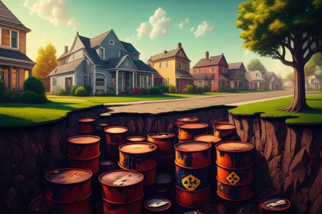 Surreal illustration of hidden toxic waste beneath a suburban landscape.