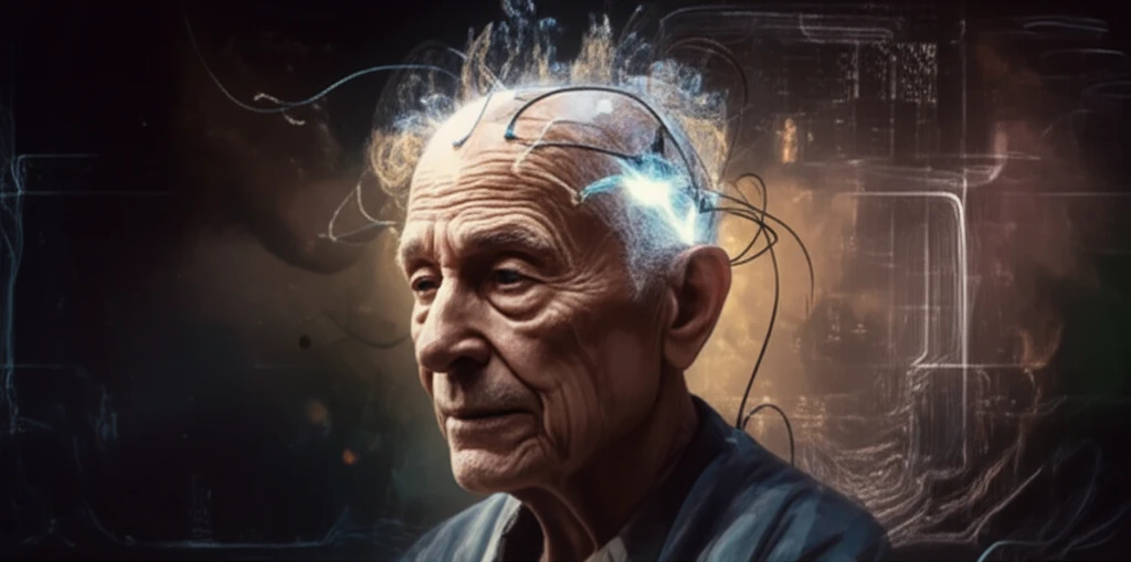 Brain stimulation for elderly health, featuring glowing neural pathways over an elderly person's head.