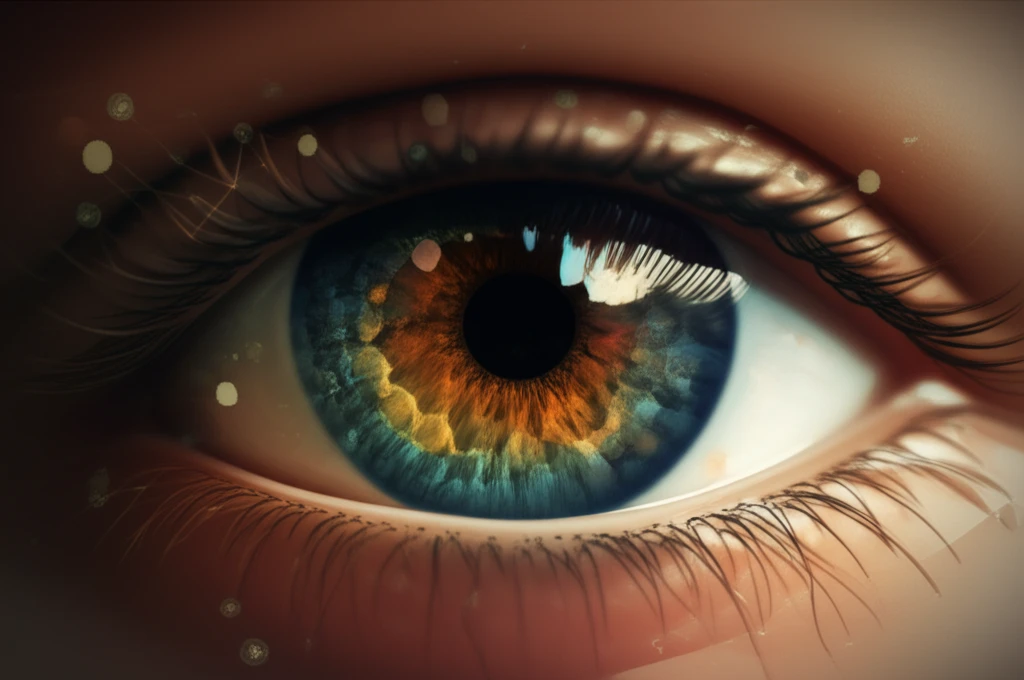 Child's eye with geometric patterns symbolizing HIV treatment and vision.