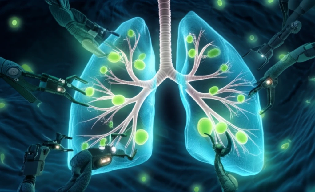 Microscopic landscape of bacterial figures being identified by deoxyribozymes within a stylized human lung.