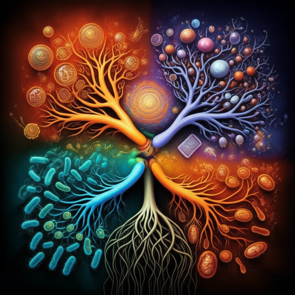 Three interconnected cellular lineages branching from a common origin, representing Bacteria, Archaea, and Eukarya.