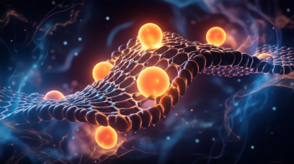 Microscopic view of a fuel cell membrane with glowing protons.