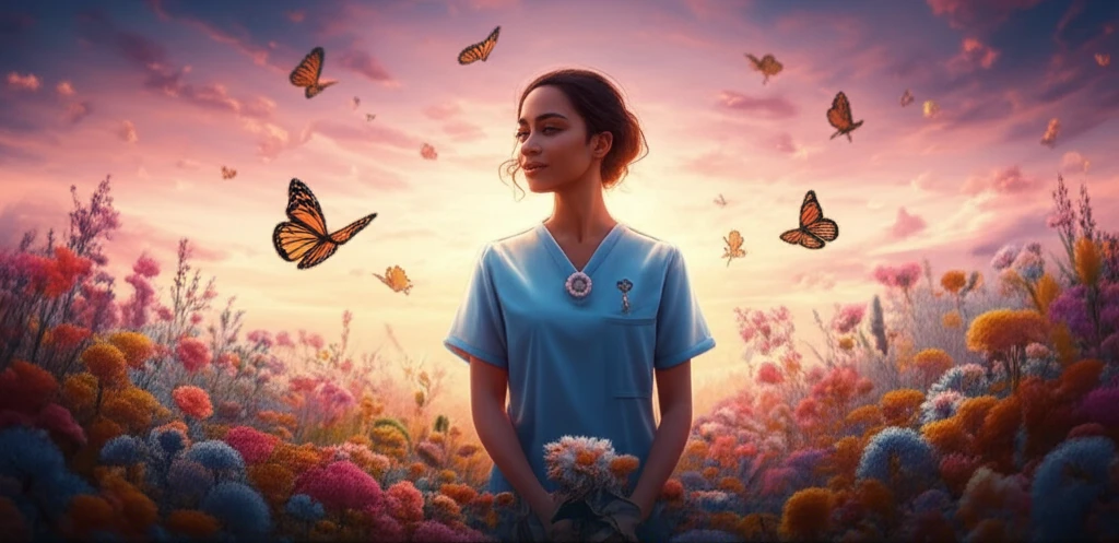 A compassionate oncology nurse surrounded by symbols of hope and healing.