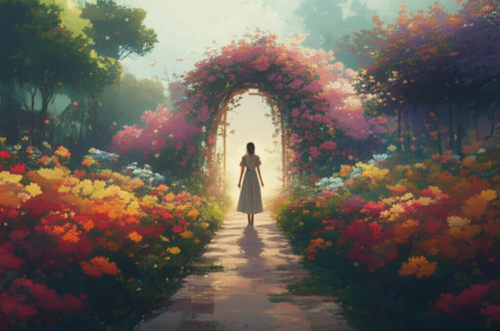 Woman confidently walking through a vibrant, blooming garden, symbolizing recovery and hope.