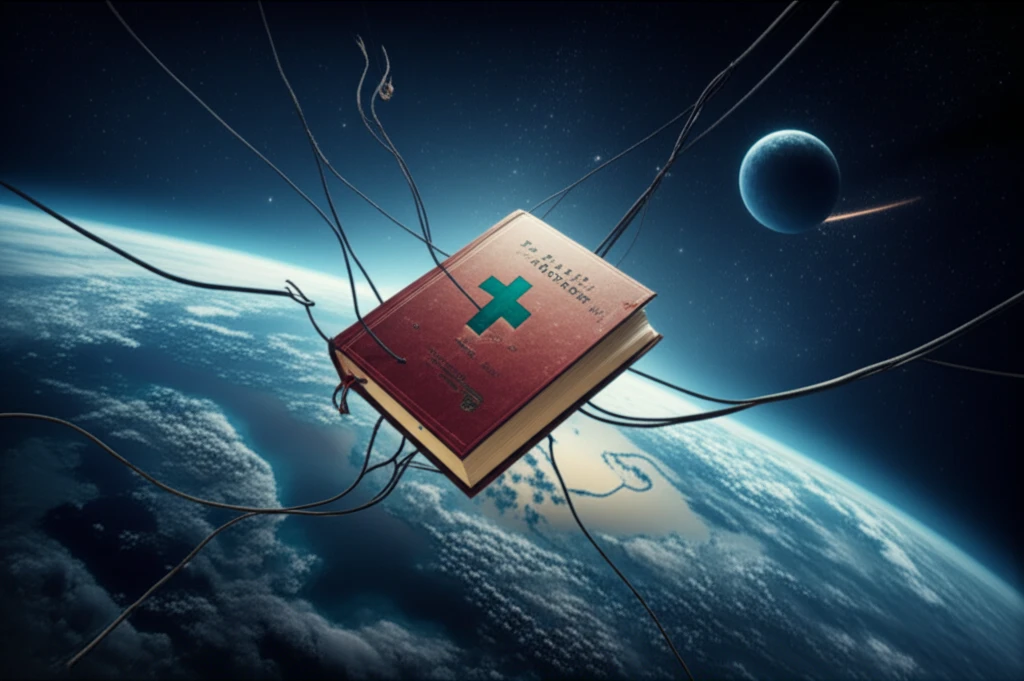 Medical textbook in space connected to Earth, illustrating access to knowledge.