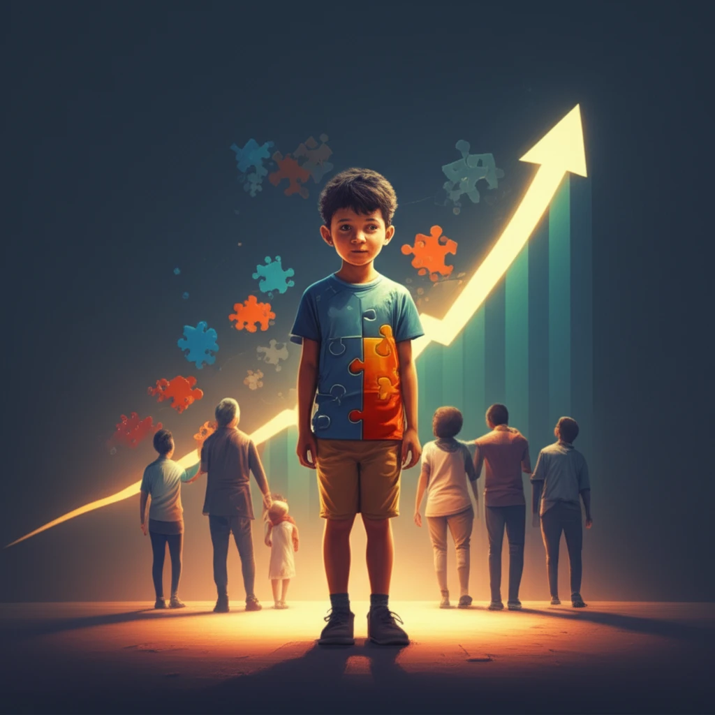A child surrounded by puzzle pieces, representing autism, with a healthcare expenditure graph in the background.
