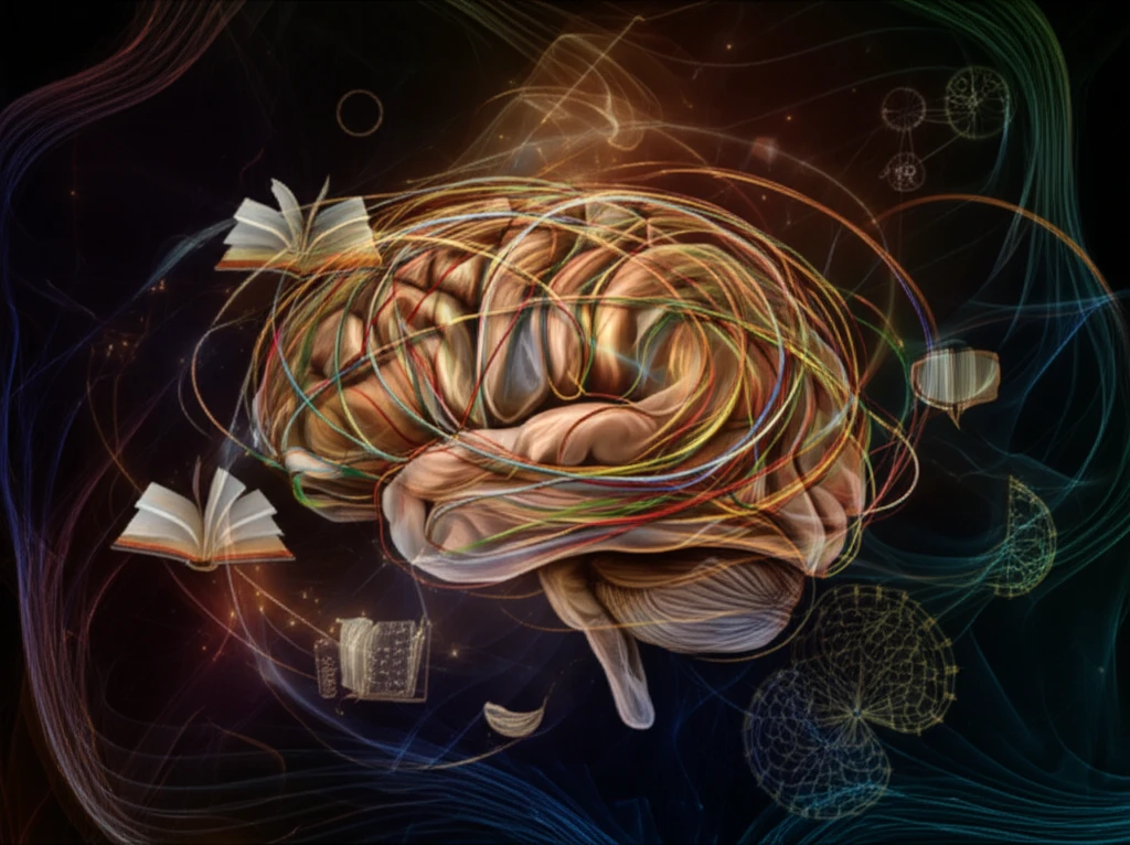 Surreal brain tapestry representing language and meaning.