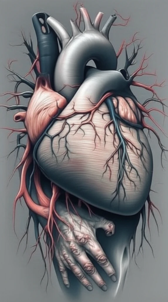 Heart intertwined with arthritic joints, symbolizing the connection between rheumatoid arthritis and cardiovascular health.