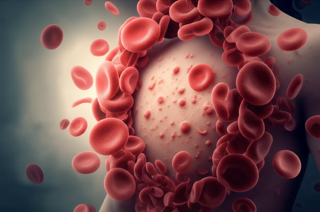 Digital illustration of red blood cells shielding skin from hives, representing a novel treatment for chronic urticaria.