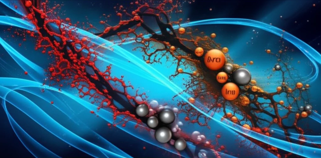 Surreal illustration of humic substances interacting with arsenic and iron in freshwater.
