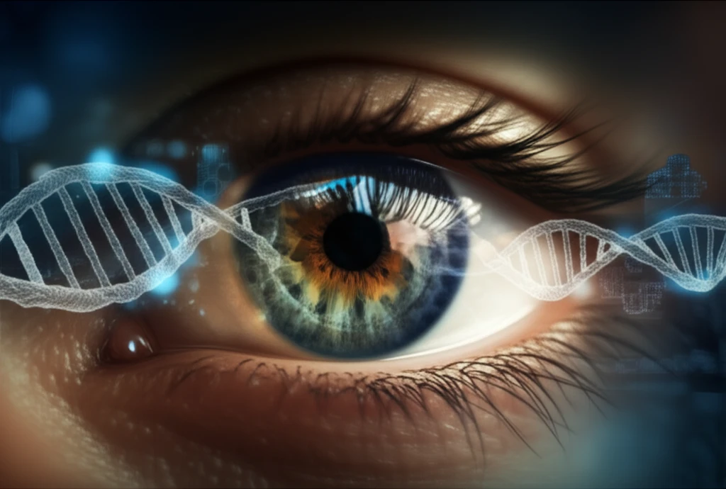 Surreal illustration of a healthy eye intertwined with molecular strands, symbolizing corneal neovascularization treatment.