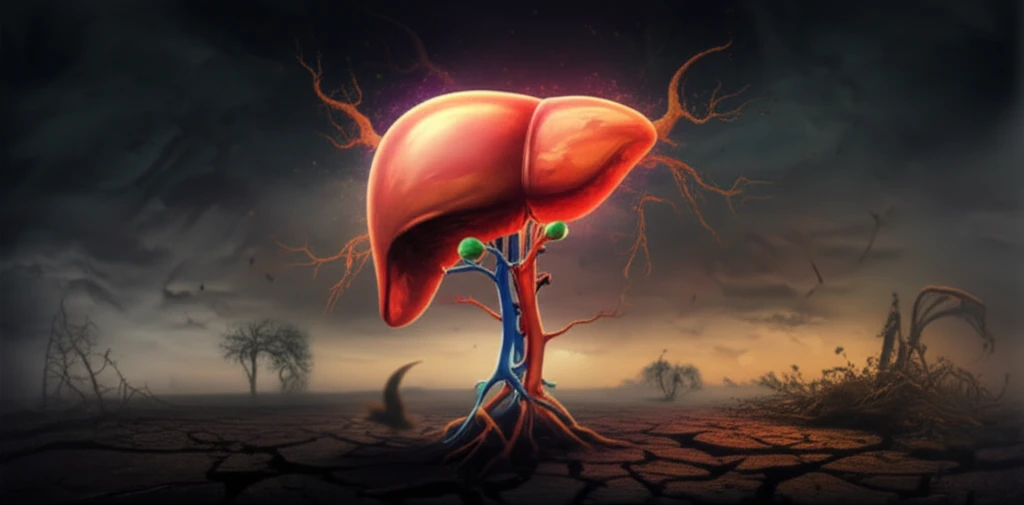 Healthy liver emerging from a dark landscape symbolizing the hope of liver transplantation for ACLF.
