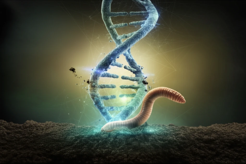DNA helix merging with an earthworm, symbolizing genetic diversity in nature.