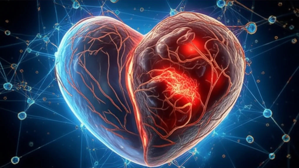 Inflamed heart valve surrounded by glowing biomarkers