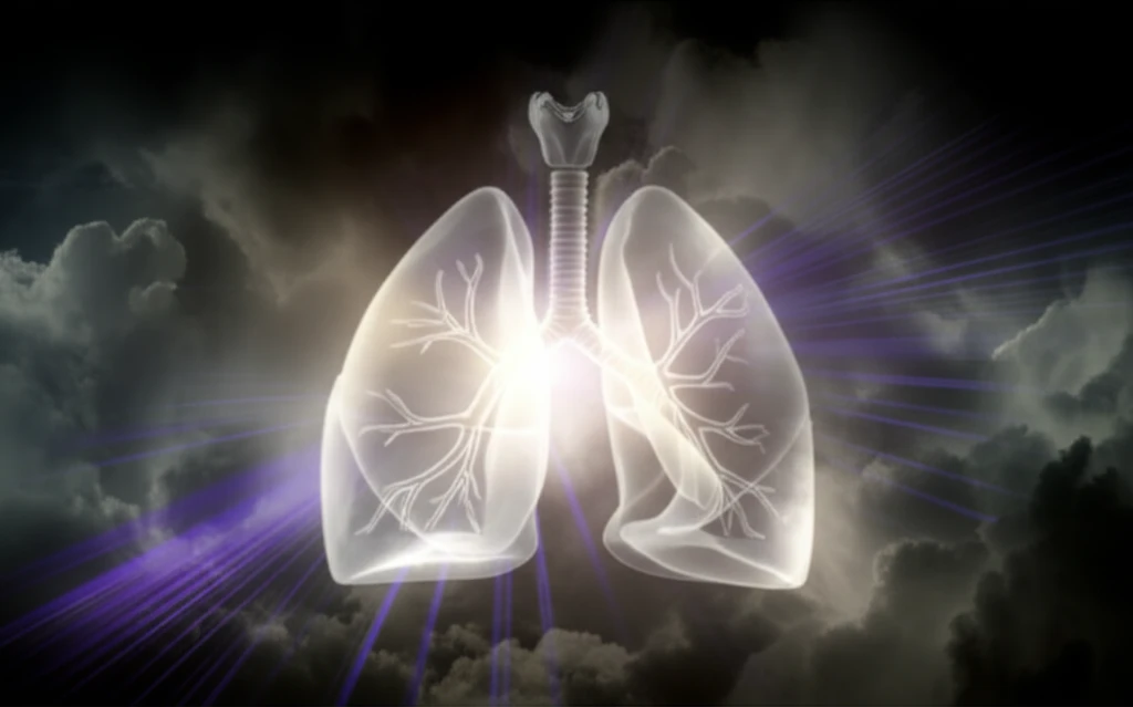 Healthy lung glowing brightly amidst a cloudy atmosphere, symbolizing effective COPD treatment.