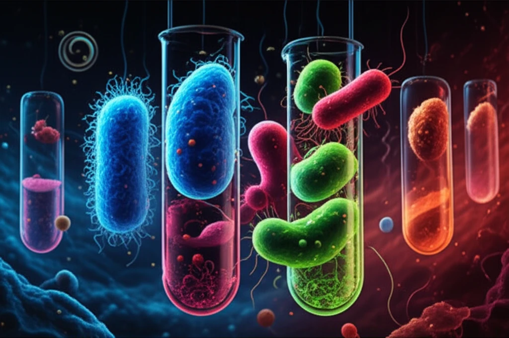 Microscopic view of bacteria transforming into diagnostic test tubes, symbolizing advancements in rickettsial disease diagnosis.