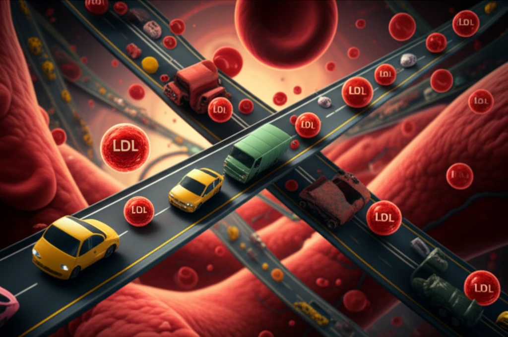 Illustration of interconnected blood vessels with lipid particles representing cholesterol transport.