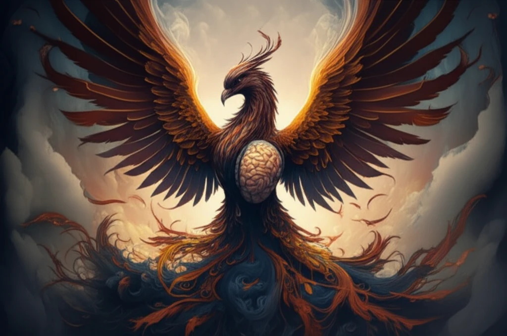 Phoenix rising from ashes intertwined with a human brain, symbolizing burn recovery and mental health.