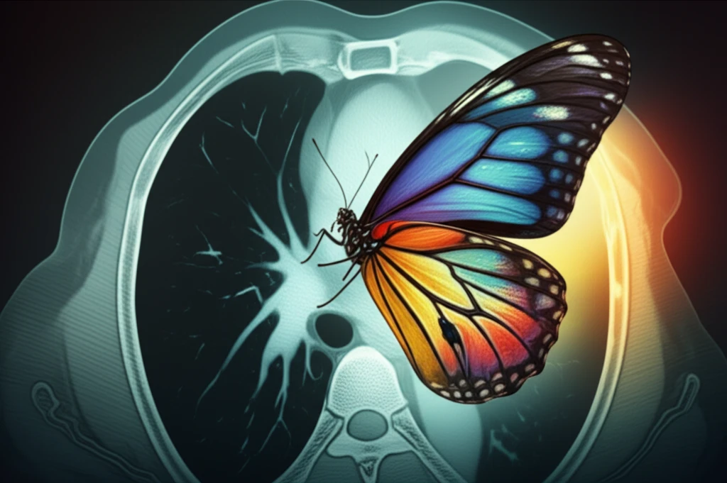 Butterfly emerging from a lung CT scan symbolizing hope in lung cancer screening