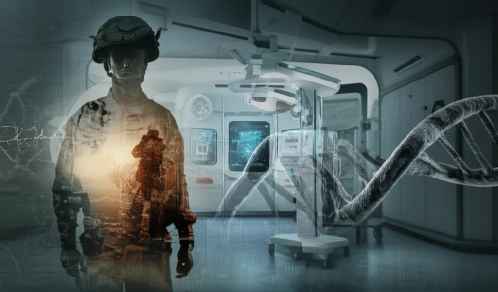 A futuristic depiction of military medicine, blending military symbols with advanced medical technology.