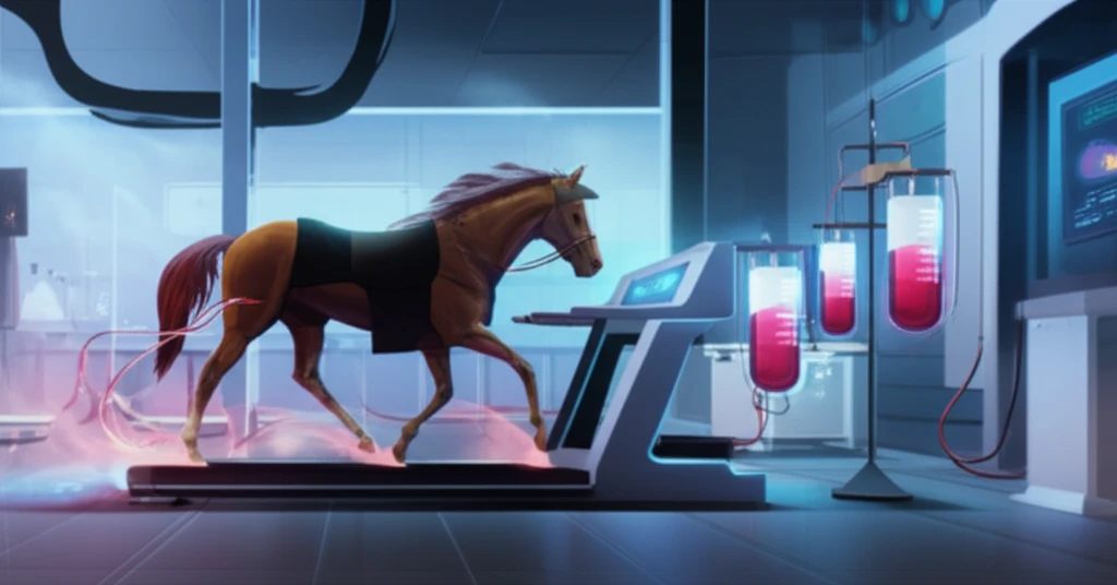 Thoroughbred racehorse fitness assessment with glowing vials of blood on treadmill.