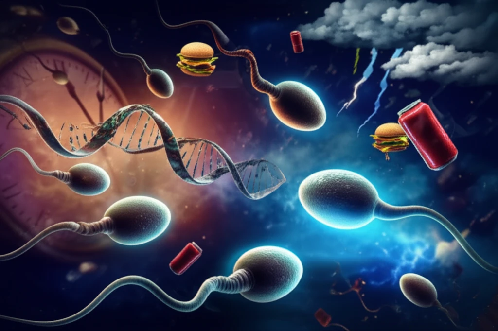 Illustration of sperm cells with fragmented DNA, symbolizing the impact of age and lifestyle on male fertility.