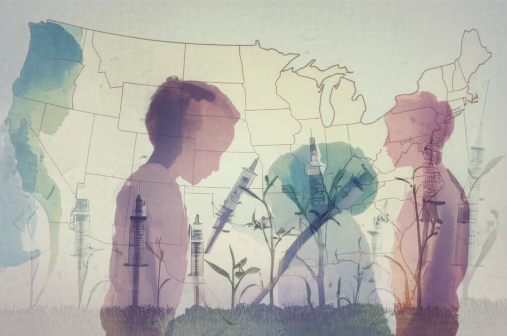 Map of the United States overlaid with silhouettes of children, vaccine syringes, and stethoscopes representing vaccine hesitancy and public health.