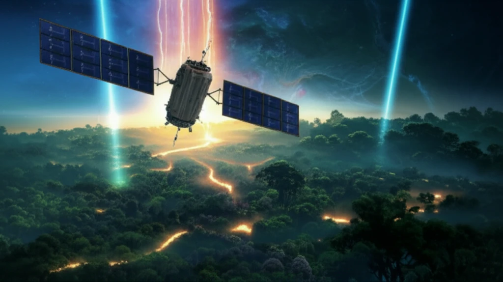 Satellite view of Amazon rainforest with energy beams representing radiative balance