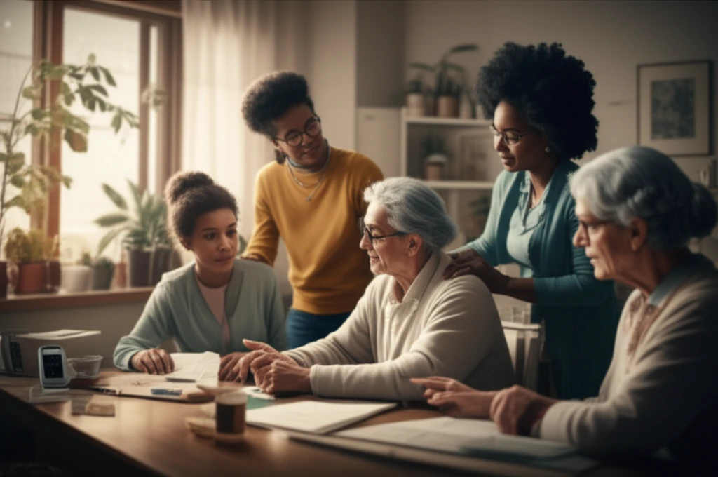 A diverse family supporting an elderly person with diabetes.
