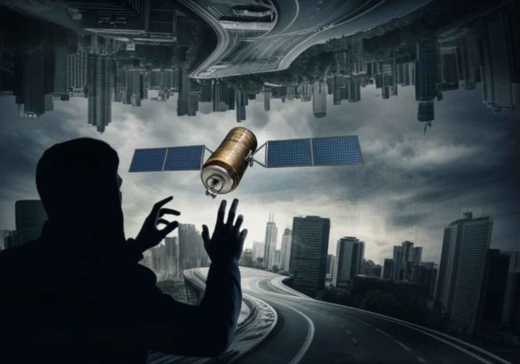 GPS satellite being manipulated by a shadowy figure, symbolizing GNSS spoofing.