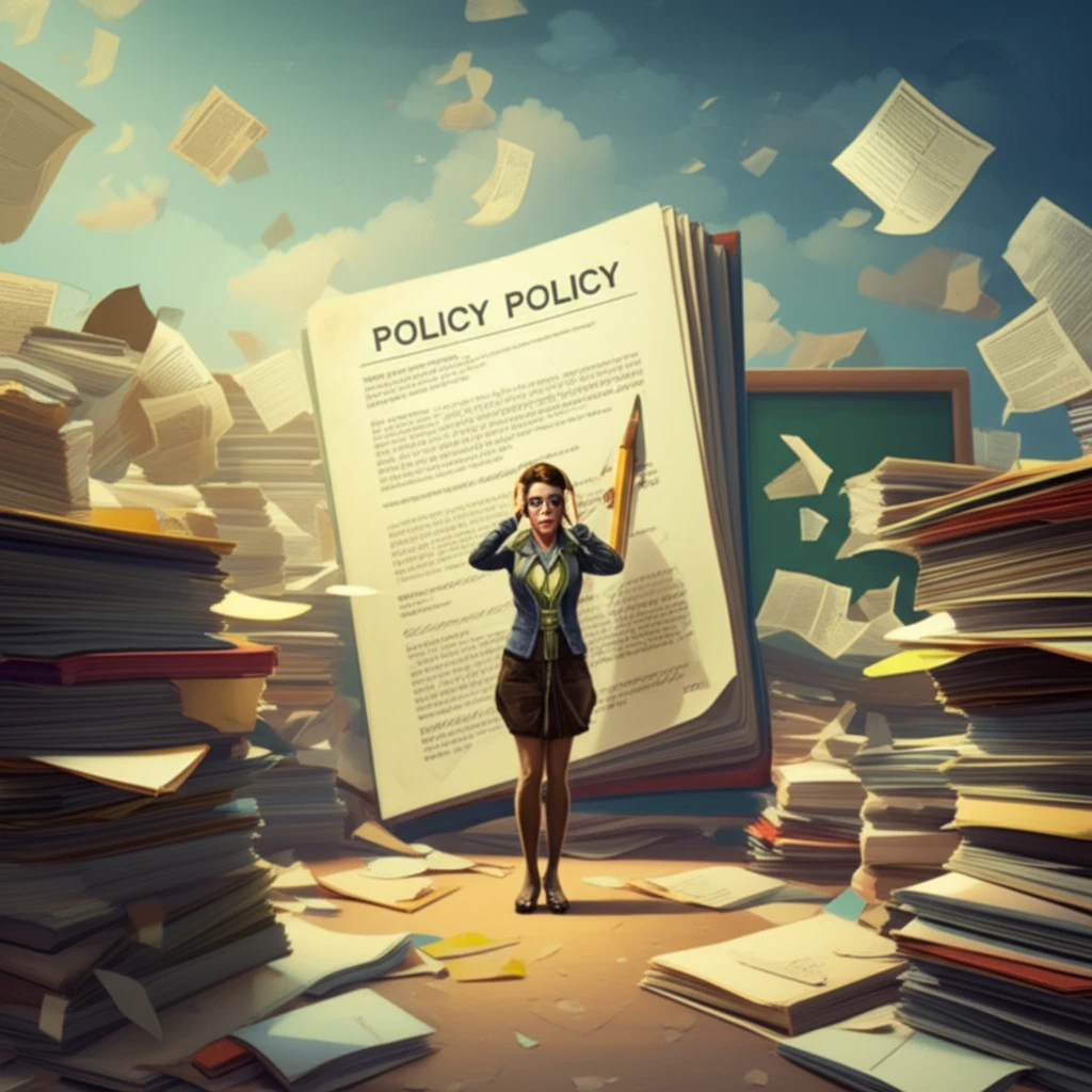 Overwhelmed teacher in policy-laden classroom.