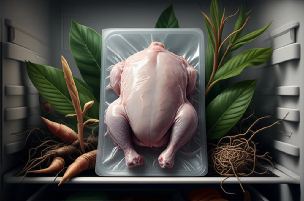 Fresh raw chicken surrounded by stylized leaves and rhizomes