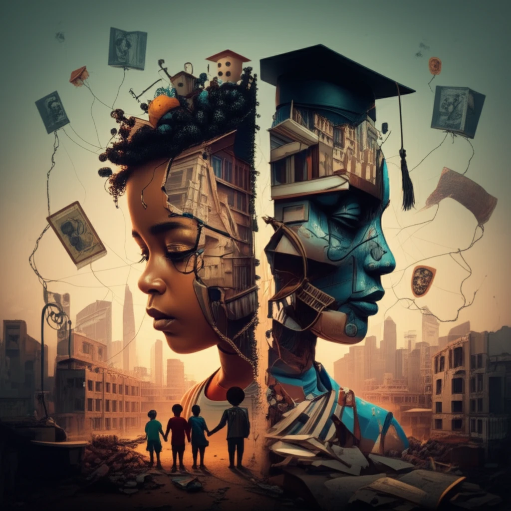 Surreal illustration of socio-economic factors affecting child mental health in South Africa.