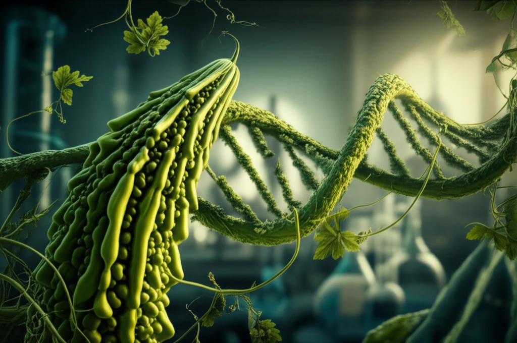 Bitter melon and DNA strand representing diabetes research.