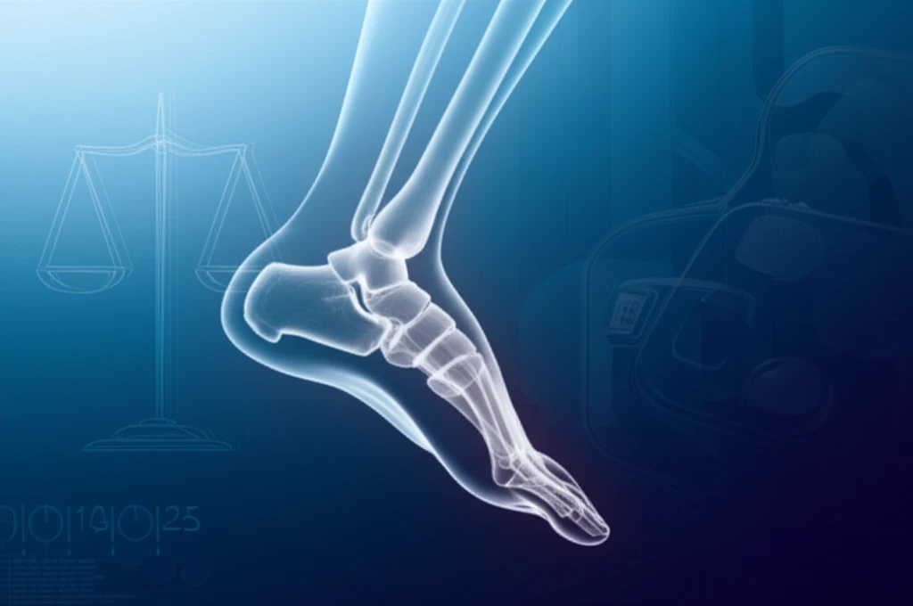 Illustration of a foot with weight-bearing scales and radiographic light, representing foot health and medical precision.